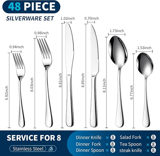 GPY 48-Piece Silverware Set with Steak Knives Nickel Free Cutlery Set for 8 | 18/0 Stainless Steel Forks Spoons and Knives Flatware Set with Mirror Polish, Dishwasher Safe for Home Kitchen & Restaurant
