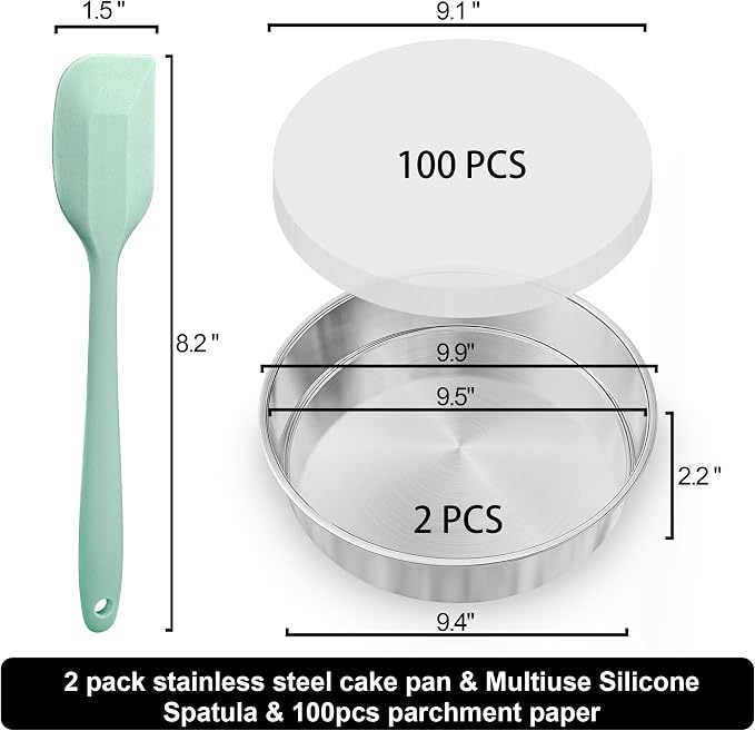 9½ Inch Round Cake Pan, 2PCS Stainless Steel Cake Pans &100 Parchment Paper | Nonstick Circle Round Cake Pans Tins for Birthday Baking Layer Cake, Healthy & Non-Toxic, Silicone Spatula & Dishwasher Safe
