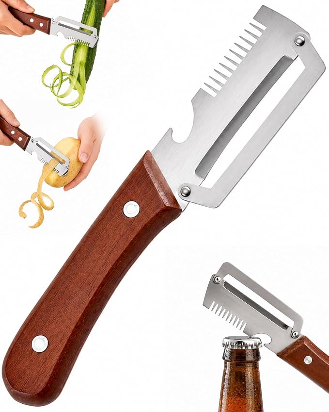 1PCS Multifunctional Vegetable Peeler with Wooden Handle & Bottle Opener | Premium Single Blade Food Peeler & Scallion Shredder Tool for Potato, Carrot, Pumpkin, Papaya, Kitchen Utensils (1 Pack)