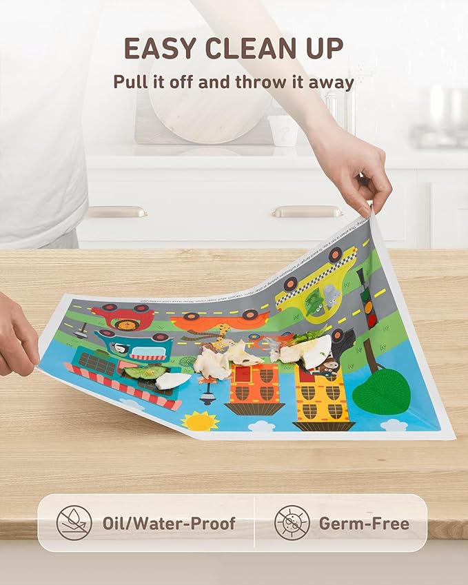 Babebay Disposable Stick-on Placemats 40 Pack for Baby & Kids & Toddler, Sticky Placemats Restaurant Table Mats 12" x 18" (Animals Driving Cars)