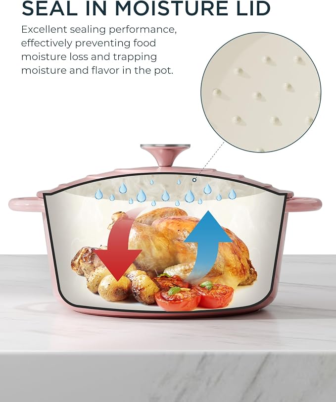 Enameled Cast Iron Dutch Oven - 7.5QT Dutch Oven Pot with Lid & Cotton Potholders - Heavy-Duty Non Stick Casserole Pot for Braising, Stews, Roasting, Baking, Suitable for All Stovetops, Gentle Pink
