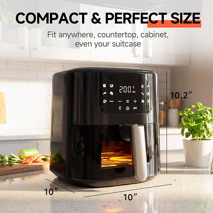 Qido Air Fryer, 5.28 QT Square Airfryer with Visual Window, 400°F Fast Heating Air Fryers Oven with One-Touch Presets, Auto-Off, Dishwasher-Safe Nonstick Basket, Multiple 8 in 1 Function, Light Black