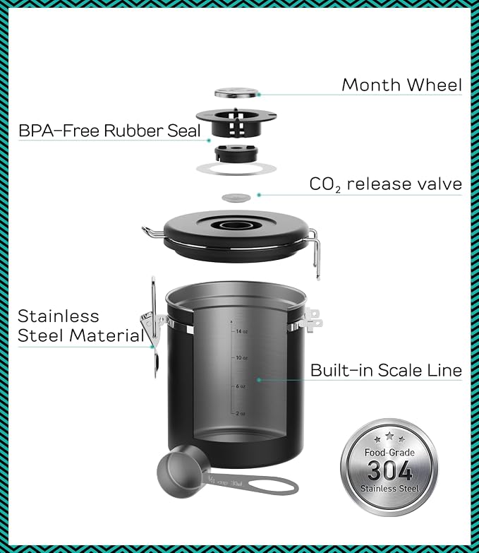 Coffee Gator Coffee Canister, 16oz Airtight Stainless Steel Container | w/ Date Tracker, Scoop, Kitchen Food Storage Jars for Beans , Ground, Rice, Tea, Sugar, Cookie, Bar Accessories, Black