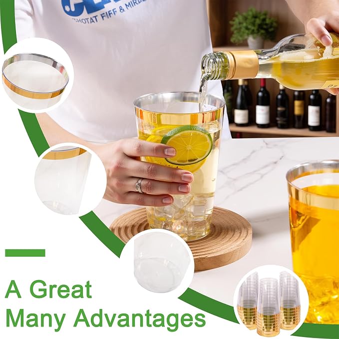 I00000 100 Pack 24 oz Gold Plastic Cups, Elegant Gold Rimmed Plastic Cups, Disposable Cocktail Glasses Wine Glasses, 24 oz Premium Tumblers Perfect for Birthday, Party & Wedding