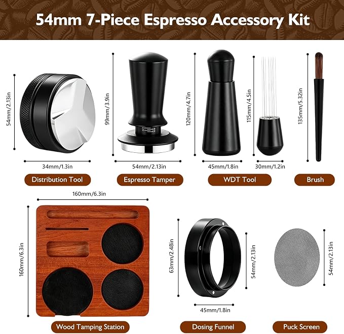 54mm Espresso Accessories Kit, 7Pcs Coffee Tamper Set with Wooden Tamping Station, Tamper, WDT Tool, Distributor, Puck Screen and Dosing Funnel, Espresso Tool Kit Fits 54mm Espresso Portafilter