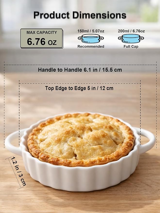 5in Ceramic Mini Pie Pan Set of 6 with Handles for Pie Quiche Tart. Easy to grip, Lead-Free. 8 oz Ramekins Dish for Creme Brulee, Soufflés; Gifts for Baking Enthusiast. Oven Dishwasher Safe