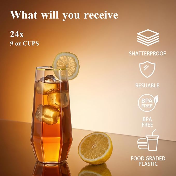 BESTSTAR 48 Pack Gold Rim Plastic Wine Glasses Set, BPA-Free Shatterproof | 24 9 OZ Stemless Champagne Flutes & 24 12OZ Diamond Wine Whiskey Glasses, Clear Drinkware for Weddings, Parties & Events