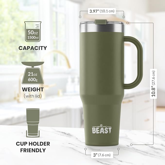 Beast 50 oz Tumbler with Handle Stainless Steel Vacuum Insulated Coffee Ice Cup Double Wall Travel Flask (Army Green)