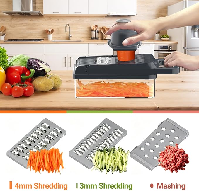 12-in-1 Vegetable Chopper 7 Blades, Veggie Cutter with Handle, Grey | Stainless Steel Blades, Food Container and Lid, Dicer, Slicer, Julienne, Egg Separator, Non-slip Base, Include Cleaning Tools