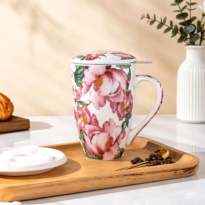 AmorArc Tea Cup With Infuser and Lid, 18oz Loose Leaf Tea Mug With Steeper | Porcelain Tea Mug With Infuser and Lid, Strainer Tea Cup for Tea Lovers, Home & Office, Housewarming Birthday Gift