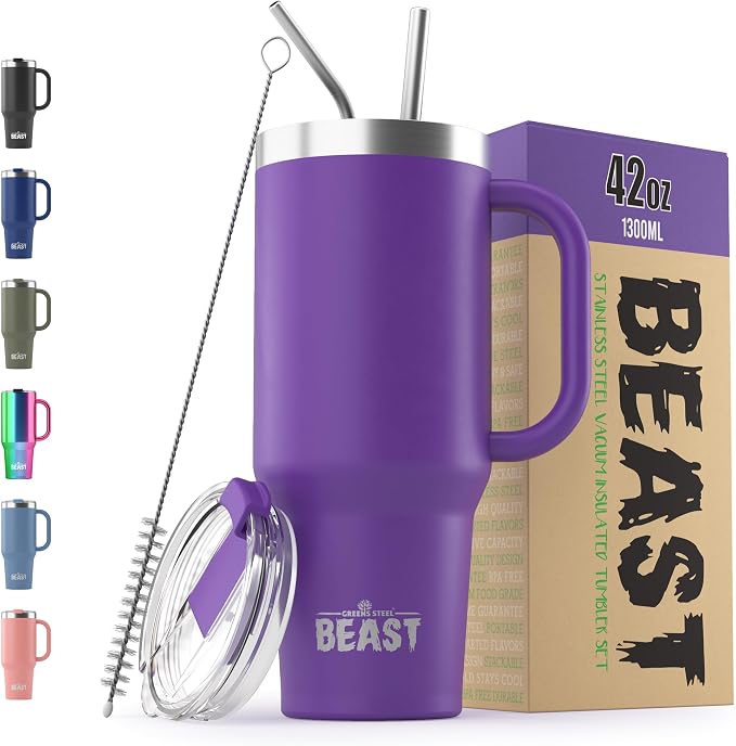 Beast 42 oz Tumbler with Handle Stainless Steel Vacuum Insulated Coffee Ice Cup Double Wall Travel Flask (Deep Purple)