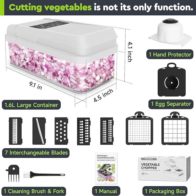 MealHelper 12-in-1 Vegetable Chopper, Food Veggie Chopper With Container | Kitchen Prep Tool, Cheese Grater, Home Essentials & Kitchen Gadgets, with Sharp Stainless Steel Blades(7 Blades, Black)
