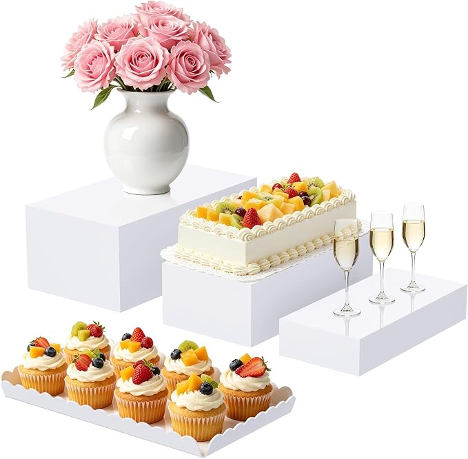 Buffet Risers, 4PCS Glossy White Acrylic Food Risers for Party Table, Rectangle Display Riser Stand with Hollow Box for Dessert Catering Drink Supply, Scalloped Acrylic Serving Tray for Cupcake