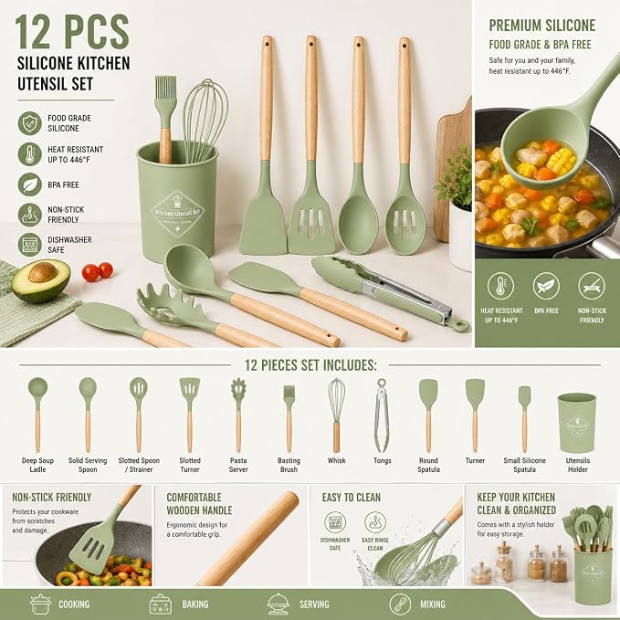 Caboh Silicone Kitchen Utensil Set 12 PCS – Heat Resistant Cooking Tools with Spatula, Serving Spoon, Tongs, Whisk & Holder, Nonstick Safe BPA-Free Kitchen Accessories Set (Light Green)