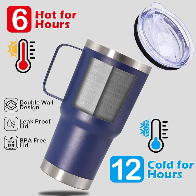 20 oz Tumbler with Handle Coffee Tumblers with Lid Travel Mug Navy 12P | 20oz Tumblers with Handle Double-Wall Insulated Vacuum Coffee Mugs Stainless Steel Tumbler with Handles&Lid Navy 12P