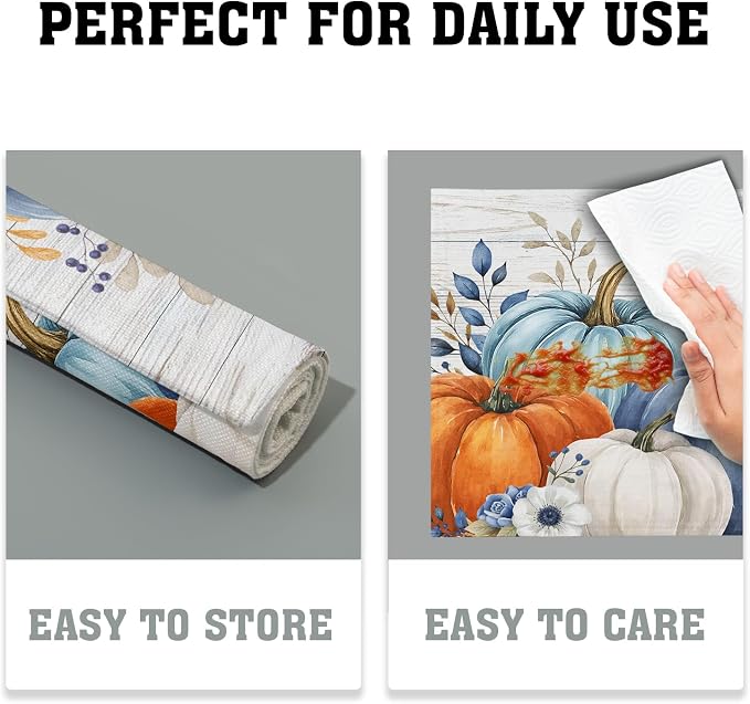 Thanksgiving Placemats Set of 4 18x12 Inch Fall Blue Pumpkin Linen Place Mats Heat-Resistant Washable Wipeable Autumn Leaf Floral Wood Grain Table Mat for Party Kitchen Dining Room Dinner Table Decor