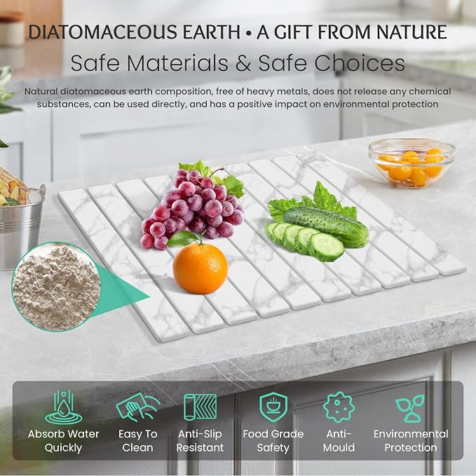 Stone Dish Drying Mat Collapsible Diatomaceous Earth Absorbent Mat Quick Dish Drying Pad Dish Rack Pad Match Any Counterto Multiple Usage for Kitchen,Bathroom (White Marble Pattern, 24"L x 16"W)
