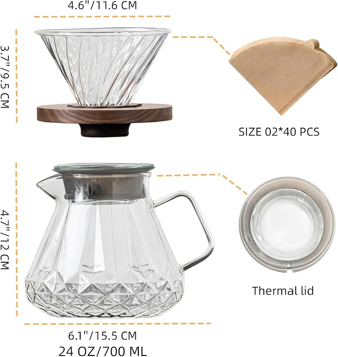 Pour Over Coffee Maker 24 oz/700 ml, Pour Over Coffee Dripper with 40 Filters, Borosilicate Glass Carafe, Walnut Handle, Lid, Clear, For Home Café Camping (24 OZ/700 ML)