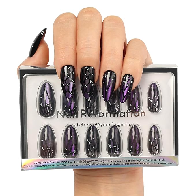 Nail Reformation Press On Nails, Purple Mariposa | Medium Almond Fake Nails | with Purple Cat Eye & Butterfly Wing in Glossy Finish, Reusable Stick On Nails in 15 Sizes - 30 Nail Kit for Women Gifts