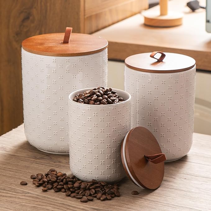 Mowtanco Embossed Ceramic Canister Set with Airtight Bamboo Lid | 30/48/82 oz White Ceramic Kitchen Jar Set, Countertop & Pantry Organization for Coffee, Sugar, Flour, Tea & Snacks