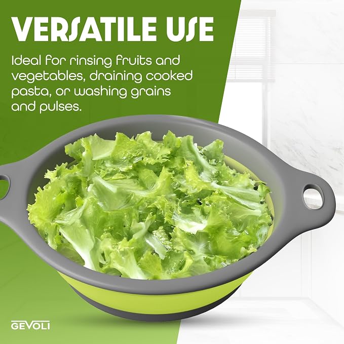 Large Collapsible Colander with Self Draining Base - 5Qt Side Drain Food Strainer for Edge of Kitchen Sink (Patent Pending) Green (2 Piece Set)
