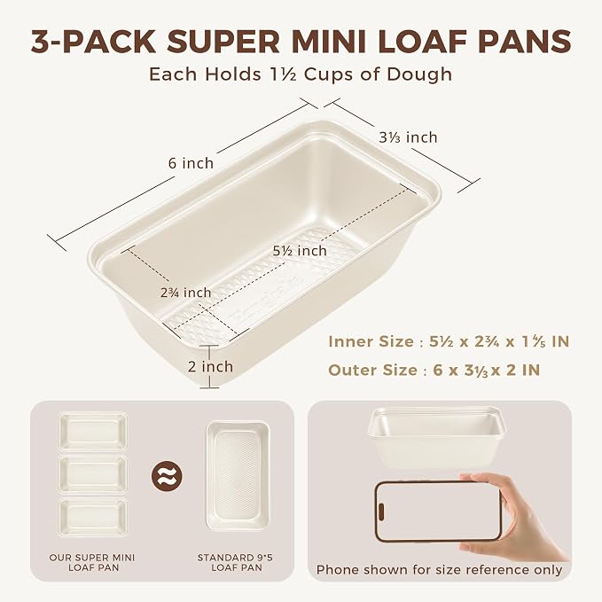 3 Pack Nonstick Mini Loaf Pans, 6 x 3.3 x 2 Inch Small Bread Pans for Homemade Bread, Tiny Banana Baking Tins with Diamond Texture, Non-toxic Mini Meatloaf Pans Set, Creamy
