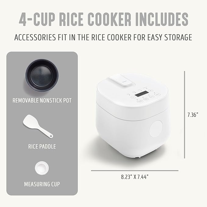 GreenLife Digital Rice Cooker, 2-Cups Uncooked/4-Cups Cooked, White | PFAS-Free Ceramic Nonstick Coated 1.5QT Pot, One-Touch Presets, Oats, Quinoa, Brown Rice, Auto Warming, Fuzzy Logic Tech