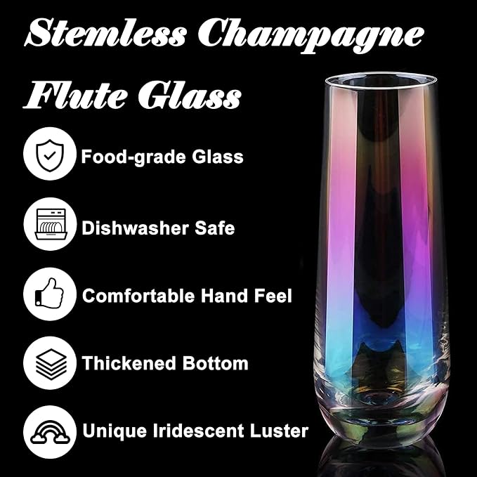 10oz Stemless Champagne Flutes, Iridescent Champagne Glasses, 4 PCS | Clear Crystal Glass Cups, Dishwasher Safe Wine Glasses Set for Champagne Cocktail Juice, Unique Gifts for Wine Enthusiasts