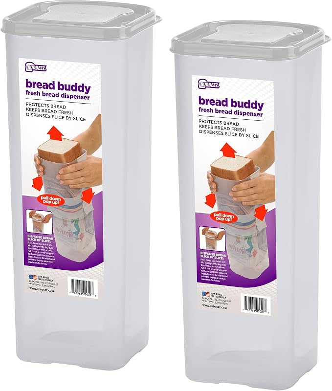 Buddeez Bread Buddy Bread Storage Container, White, 2-Pack | Helps keep bread fresh and organized, Fits standard sandwich loaves, Slice-by-slice dispensing