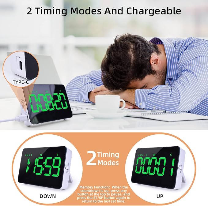 Samshow Rechargeable Digital Kitchen Timer, Green, 5 Inch | Countdown/Up, 3 Adjustable Brightness, 4 Adjustable Volume , 5" LED Display, Magnetic, For Classroom/Office/Home/Work/Game