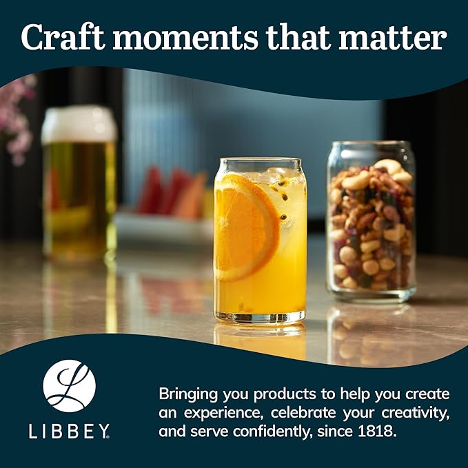 Libbey Classic Can Shaped Drinking Glasses Set of 4, Clear Kitchen Glass Tumbler, 16 Oz, Dishwasher Safe Glass Cups Set for Beverages and Cocktails