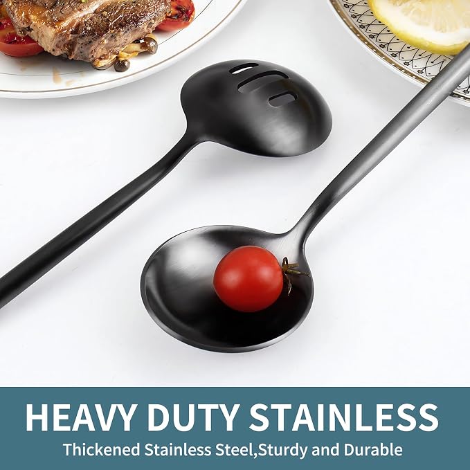 Black Serving Utensils Set, 5pc Stainless Steel Serving Spoons | 10.8in,matte black,serving spoons set for parties,buffet serving utensils,black flatware for elegant serving,dishwasher safe