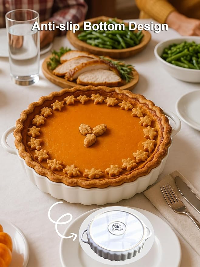9×2in Deep Ceramic Pie Pan with Handles for Pie Quiche Tart Baking. Easy to grip, Lead-Free. Casserole Lasagna Dish for Thanksgiving Christmas Wedding Gift. Microwave, Dishwasher, Oven Safe