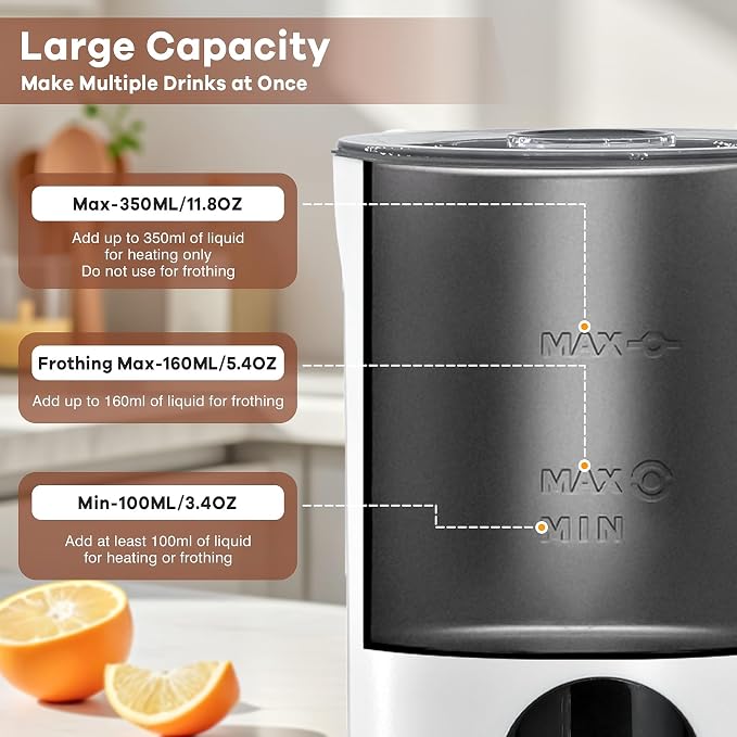 4-in-1 Electric Milk Frother Foam Maker for Latte, Cappuccino, Coffee Lover | 11.8oz Quiet One-Touch Operation Electric Milk Steamer 120s Fast Frothing for Hot/Cold Froth, Morning Coffee Routine, White