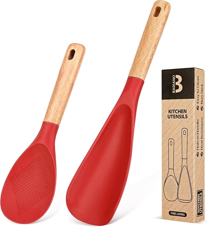 Cooking Spoon and Rice Scooper for Nonstick Cookware,Multi-function | Great for Cooking and Serving, Sturdy BPA-Free Matte Silicone, Wood Handle Spoon for Mixing, Scoop, and Scrape,9.3"+14.3"