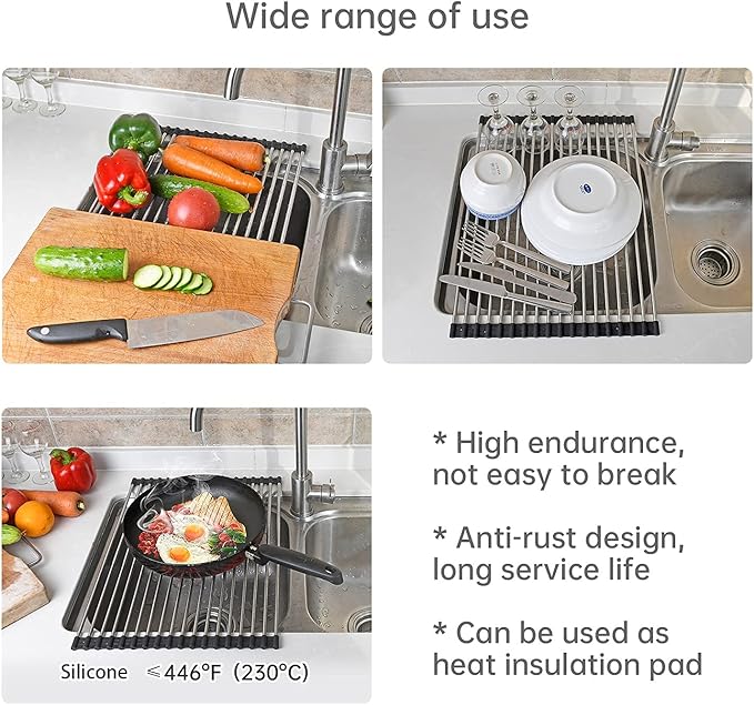 Large Telescopic Drain Rack Roll Up Rack Heat-Resistant Dish Drainer Kitchen Sink Rack Over the Sink Dish Drying Rack Stainless Steel Dish Rack (18 Tube 21.25''x12.79'')