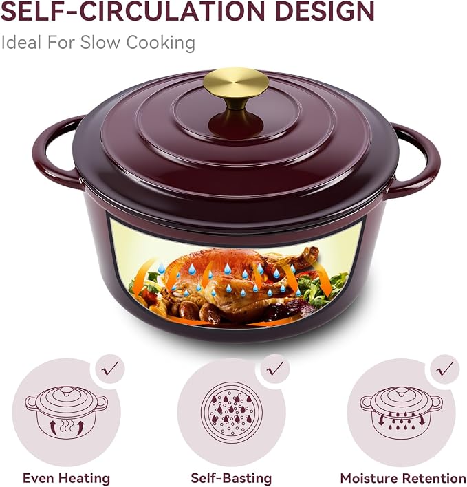 Miereirl 6 Quart Enameled Dutch Oven Pot with Lid, Cast Iron Dutch Oven with Dual Handles for Bread Baking, Cooking, Non-stick Enamel Coated Cookware, Fig