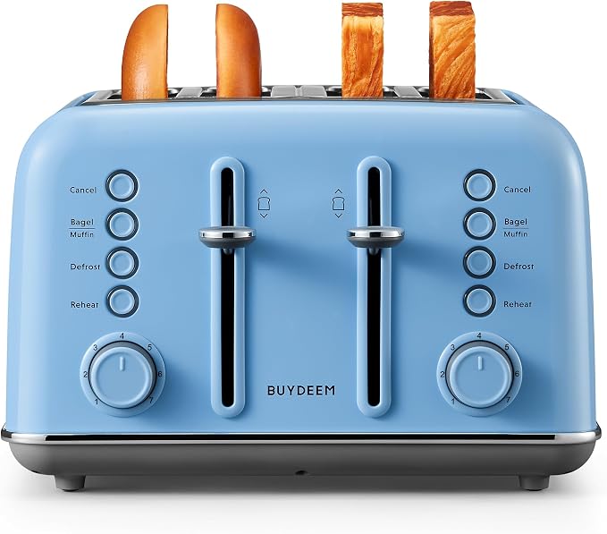BUYDEEM DT640 4-Slice Toaster, 7 Shade Settings, Extra Wide 1.5’’ Slots for Bagel & English Muffin, 6 Toasting Functions, Retro Stainless Steel Toaster with High Lift Lever, 1800W, Blue