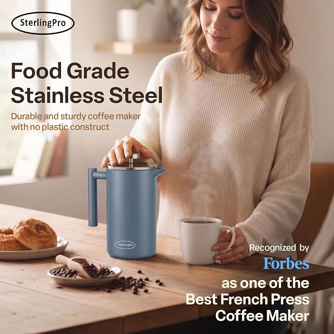 SterlingPro Large Insulated Stainless Steel French Press Coffee Maker 51oz Capacity (44 oz Brew Yield) – Double Wall Metal Coffee Press | Plastic Free | Cool-Touch | Blue Finish | 12 Cups / 6 Mugs