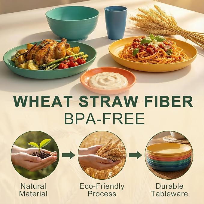 Wheat Straw Dinnerware Sets 40 Piece, Kitchen Plates and Bowls Set, Unbreakable Dishes Set for 8, Microwave and Dishwahser Safe Dishware Sets for Home, Camping, RV, Party - Multi