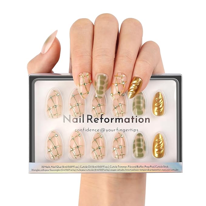 Nail Reformation Press On Nails, Treasure Lines | Short Almond Fake Nails | Jade Green with Jewel Gold Accents in Glossy Finish, Reusable Stick On Nails in 16 Sizes - 32 Nail Kit for Women Gifts