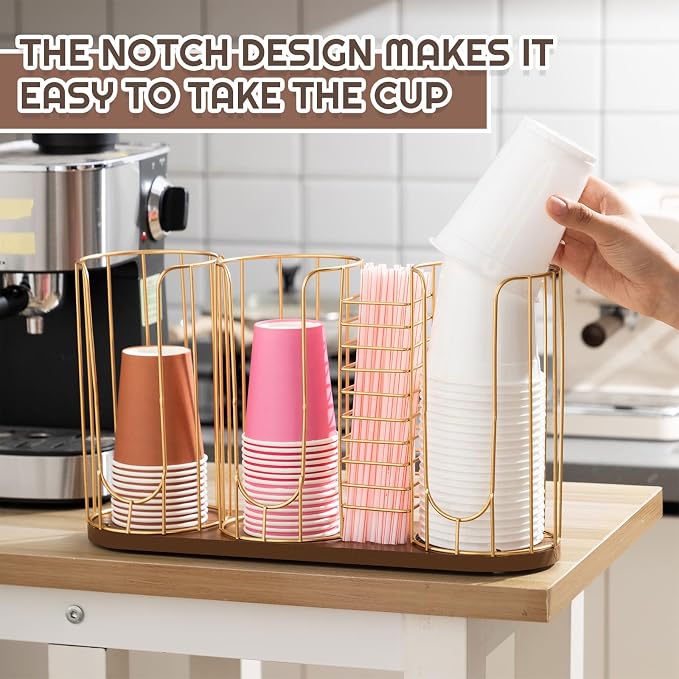 18oz Adjustable Coffee Cup Dispenser with Wooden Base, Cup and Lid Holder, Cups Holder Organizer for Coffee Pod Straw and Lid Storage(4-compartment Single,Color 2)