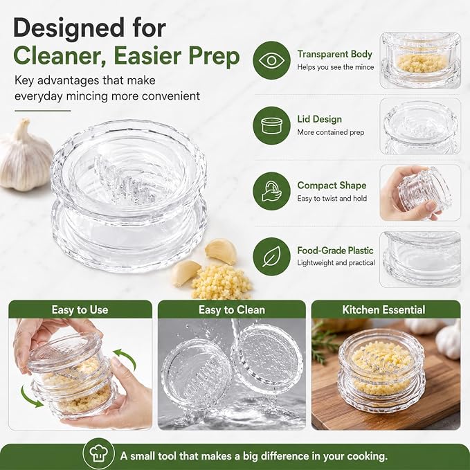 Transparent Manual Garlic Twister & Mincer, 2-Pack Multi-Functional Grinder for Garlic, Onion, Ginger, Herbs, Nuts, Impact Resistant Kitchen Gadget