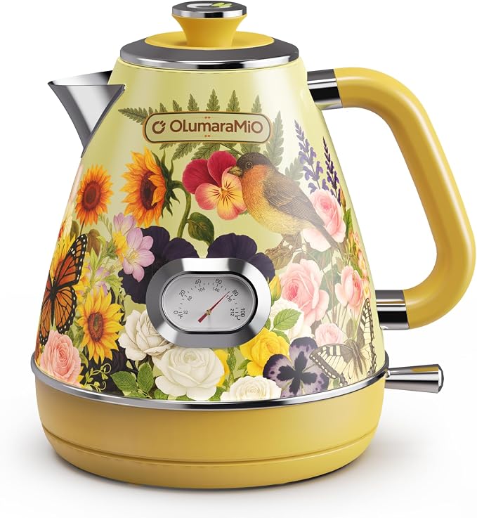 Olumaramio 1.7L Retro Electric Kettle with Thermometer, Floral Design | 304 Stainless Steel, 1500W Fast Boiling, Auto Shut-Off, Boil-Dry Protection, BPA-Free