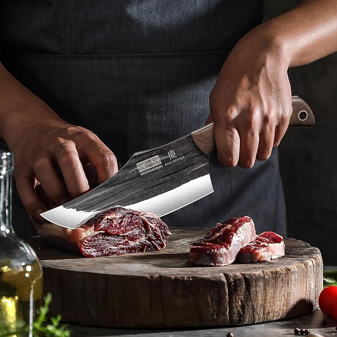 HOSHANHO 8PCS Butcher Kitchen Knife Set, Sharp Magnetic Knife Block Set | Hand Forged High Carbon Stainless Steel Chef Knives Set with Meat Cleaver Knife & Bone Chopper Knives Gift for Men