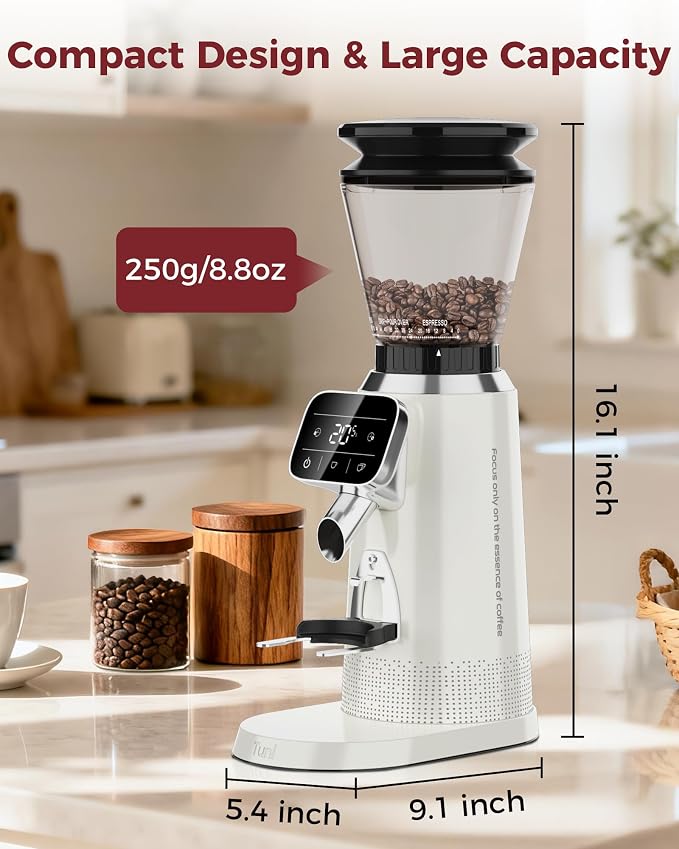 Tuni G2 Conical Burr Coffee Grinder with 70 Grind Settings, Ivory | Anti-static Burr Mill, Precision Electronic Timer and LED Touchscreen for Espresso/Drip/Cold Brew/French Press