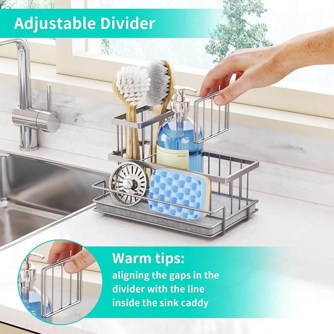 HapiRm Sink Caddy Sponge Holder - Kitchen Sink Organizer with Instant Drying Stone and Brush Holder, Stainless Steel Sponge Caddy for Kitchen Countertop - Brushed Nickel