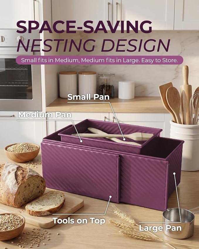 CARTMAN 3-Piece Pullman Loaf Pan with Lid, 2.2/1/0.8 LB Bread Pan, Purple | Includes 2.2/1/0.8 LB sizes & silicone tools, bottom vents, nonstick carbon steel, nesting storage, for bread & brownies