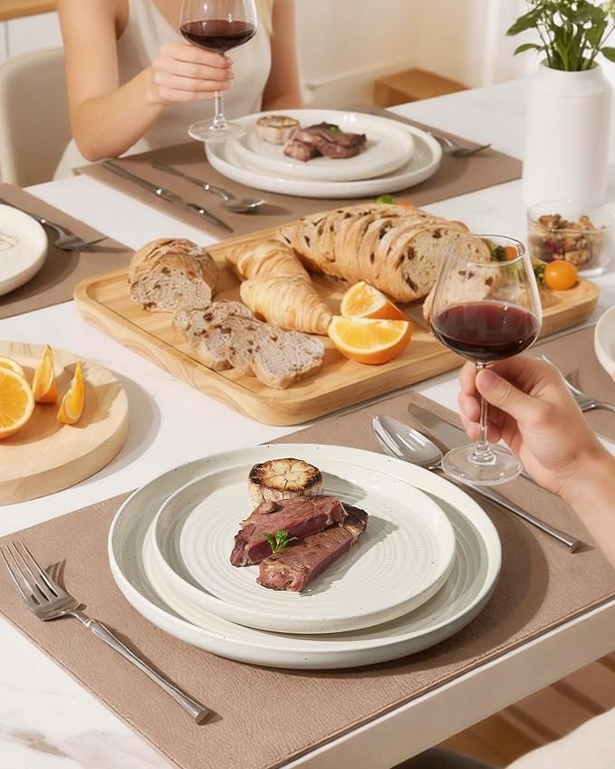 Stoneware Dinnerware Sets for 6, Plates and Bowls, Cream | 18-Piece Ceramic Speckled Spiral Dishes, Chip & Scratch Resistant, Microwave & Dishwasher Safe, Everyday Use, Farmhouse Style