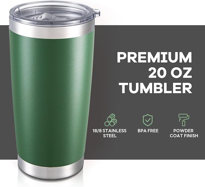20 oz Tumbler with Lid Stainless Steel Insulated Tumblers Cups Travel Mug | Double Wall Vacuum, Powder Coated, Keep Drinks Cold and Hot, Waterproof Lid, Fit of Car Cup Holders, Dark Green